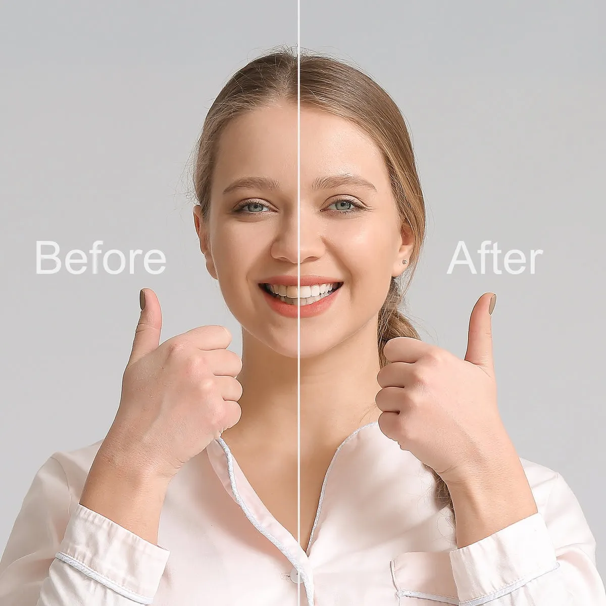Beautiful young woman before and after smile makeover procedure on grey background