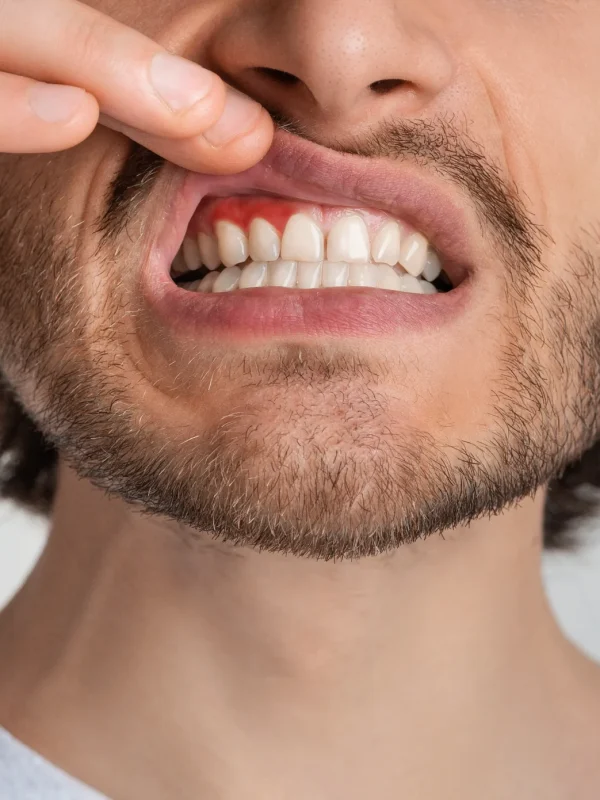 Handsome man touch mouth with hand, with painful expression of toothache