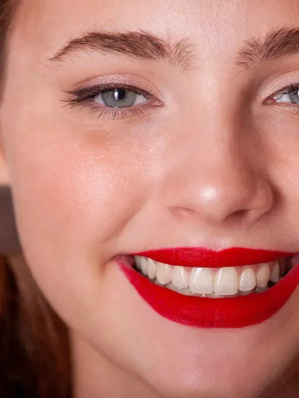 smile happy with red lips, cute young girl smiling with teeth, snow-white smile